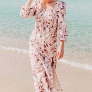 House of Harlow 1960 Tropical Palm Leaf Linen Blend Smocked Midi Dress Sz Small